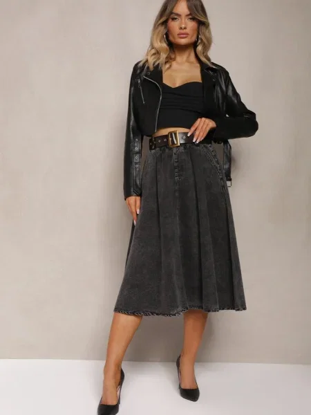 Fustă Cloș Blugi Midi cu Curea Wendlla neagră
