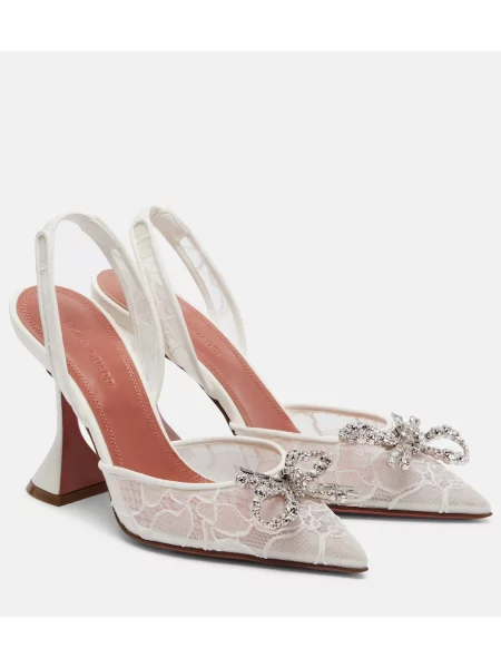 Pantofi cu toc Amina Muaddi din dantelă slingback alb