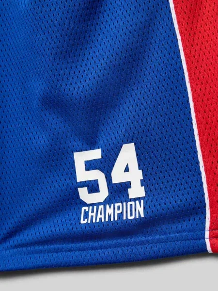 Szorty z dzianiny dresowej o kroju regular fit z nadrukiem z logo Champion niebieskie