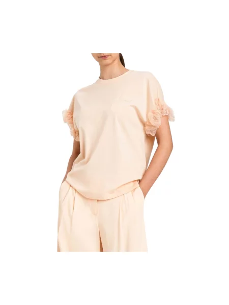 Koszulka Twinset z falbankami tiulowa z okrągłym dekoltem różowa