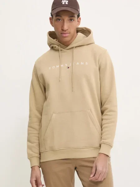 Dukserica Tommy Jeans za muškarce s kapuljačom s tiskom bež