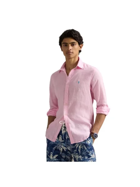 Lniana długa koszula Polo Ralph Lauren z długim rękawem różowa