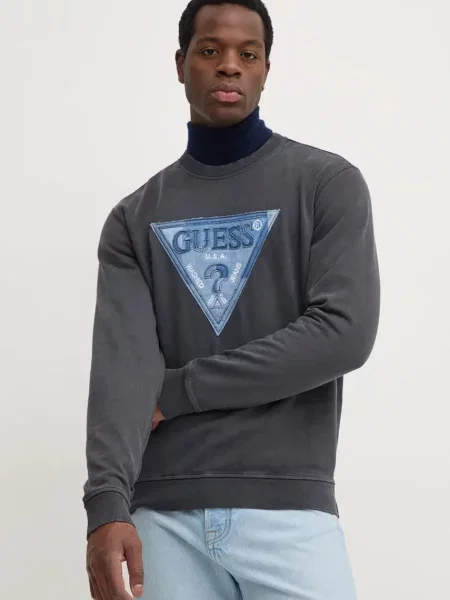 Суичър с качулка Guess с качулка с апликация сиво