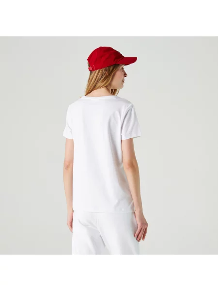 Lacoste Kadın Slim Fit Bisiklet Yaka Baskılı Beyaz T-Shirt biała
