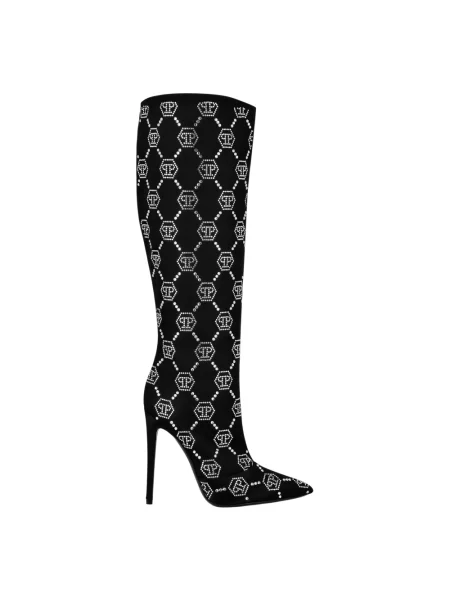 Satynowe botki Philipp Plein na wysokim obcasie czarne