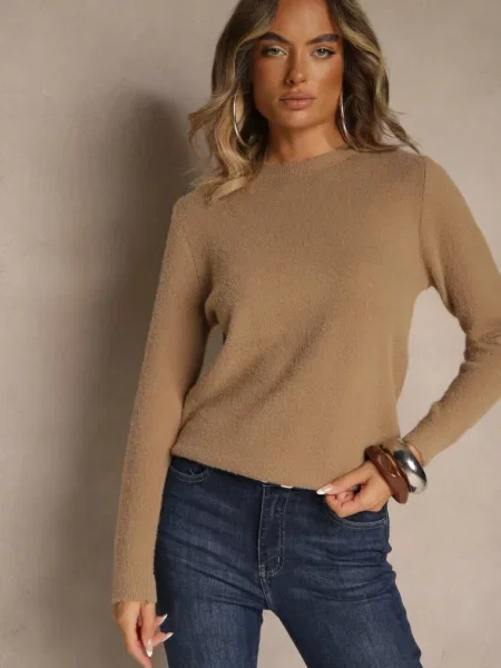 Ciemnobeżowy Sweter z Wełną ze Ściągaczami Furrive beżowy