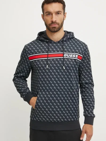 Суичър с качулка Guess с качулка с принт черно