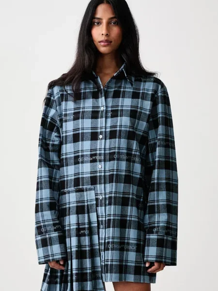 Off-White Check Flannel Panel rochie tip cămașă cu carouri din alb