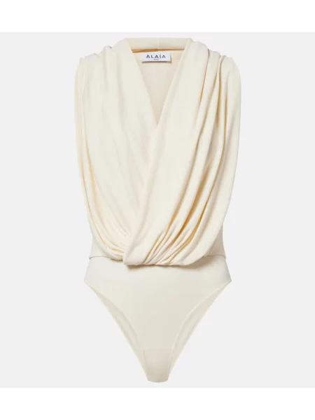 Body Alaïa cu glugă din jerseu alb