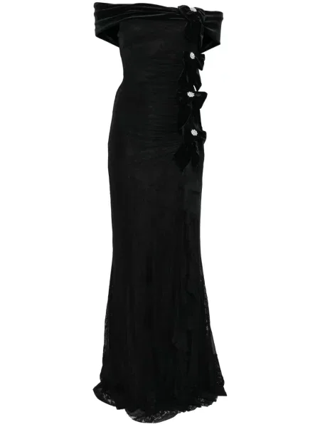 Rochie maxi Nissa cu funde din dantelă de costum negru
