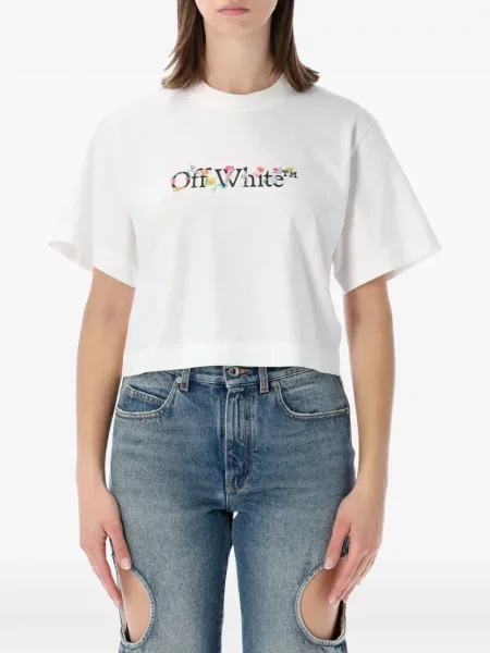 Tricou Off-white cu model floral cu imagine alb