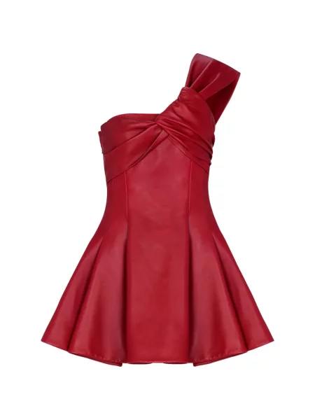 Rochie mini Balmain din piele cu un umăr gol de costum roșu