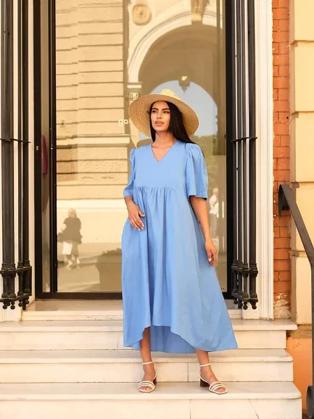 Сукня максі INNOE льон/поліестер блакитний