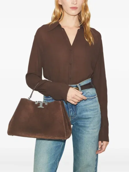 Geantă messenger Tory Burch din piele de căprioară maro
