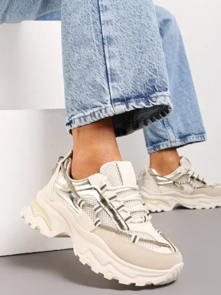 Sneakersy z Metalicznymi Wstawkami na Niskiej Platformie z Ozdobnym Sznurkiem Oiriema beżowe