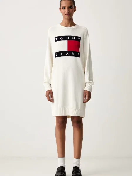 Tommy Jeans rochie tricotată cu amestec de lână alb