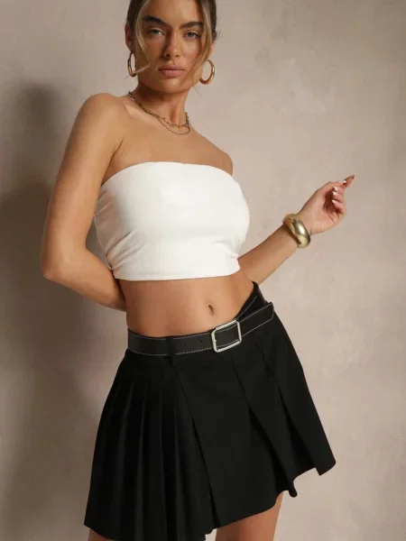 Spódnico-Szorty Plisowana z Wiskozą Ozdobione z Ekoskóry Alobira czarne