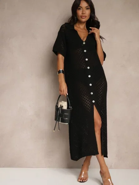 Koszulowa Sukienka z Bawełną z Siateczki Folesia czarna