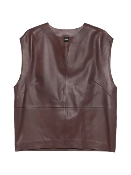 Кожаный топ Boss с V-образно деколте кафяво
