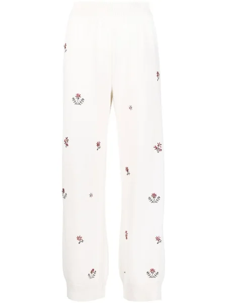 Pantaloni Barrie din cașmir cu model floral alb