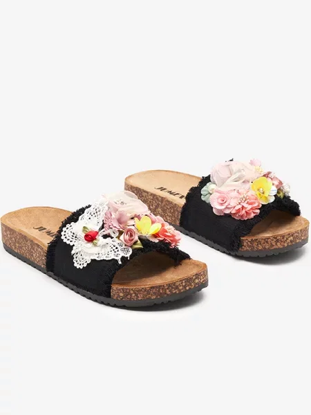 Плат домашни пантофи Resti на цветя черно