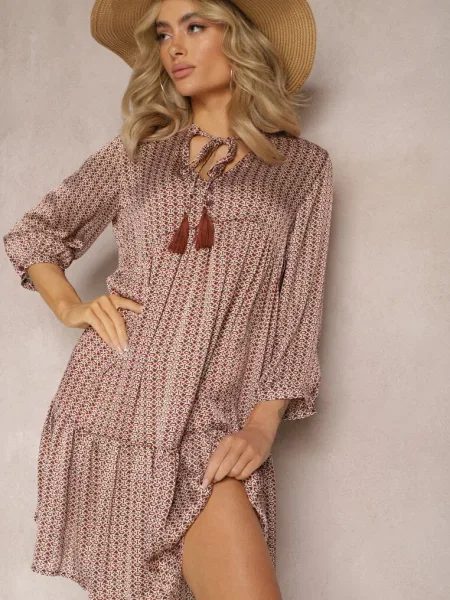 Rochie Trapeză Roșu-Bej cu Ciucure și Clini Evazați Bleva bej