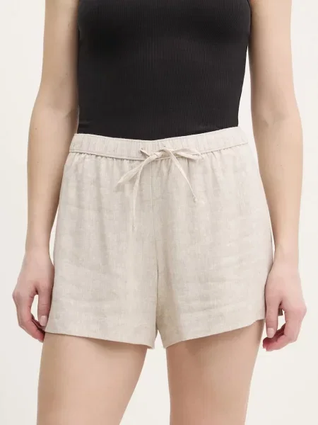 Lněné kraťasy Abercrombie & Fitch hladké high waist béžová