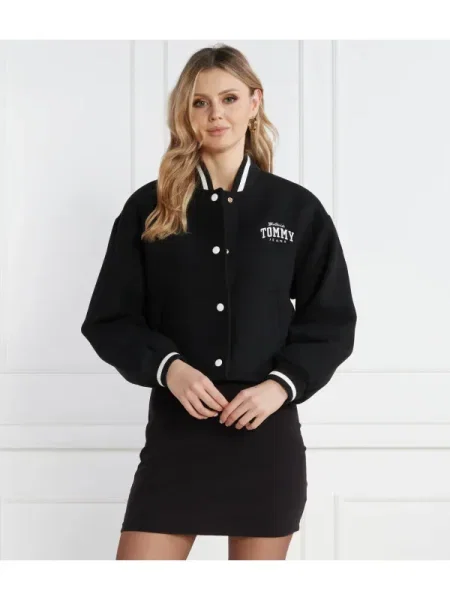 Tommy Jeans Geacă bomber TJW CRP WOOL VARSITY | Cropped Fit cu adaos de lână negru