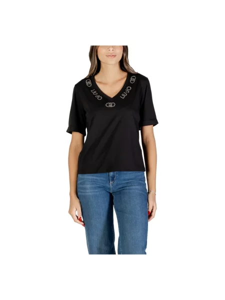 Koszulka Liu Jo z dekoltem w serek z kamieniami czarna