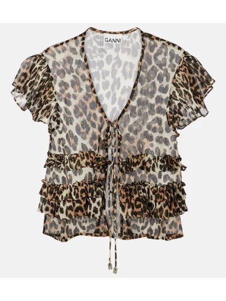 Bluză Ganni din șifon cu imagine cu model leopard galben