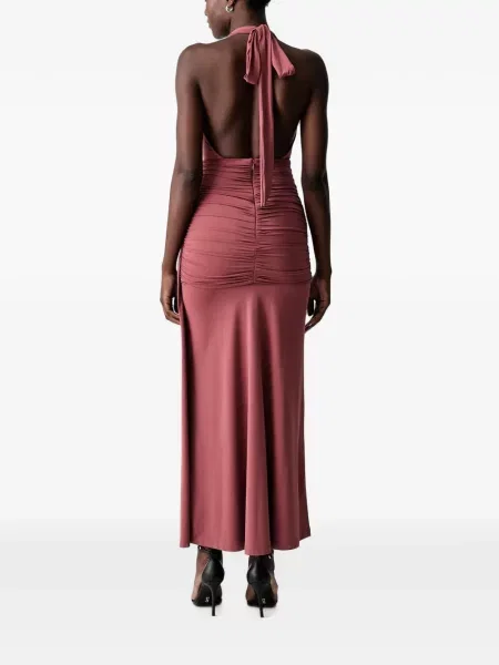 Rochie maxi Bardot cu volane cu gât halter roz