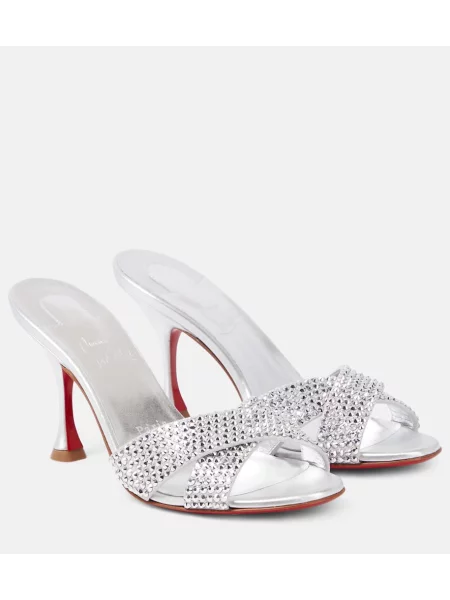 Papuci tip mules Christian Louboutin din piele argintiu