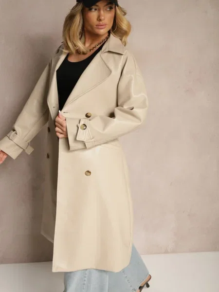 Deschis Palton cu două rânduri de din imitație de piele cu Dyrine bej