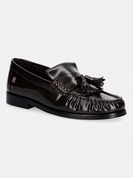 Tommy Hilfiger loafers slip-on pentru femei din piele TH LOAFER TASSEL ABRASIVATO maro