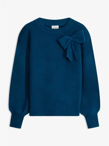 Sweter z aplikacją w kształcie kokardy niebieski