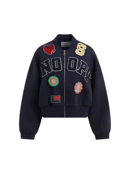 Kurtka bomber Essentiel Antwerp z dżerseju z naszywkami niebieski