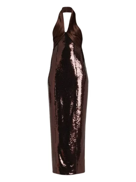 Rochie midi Retrofete cu paiete până la genunchi cu gât halter maro