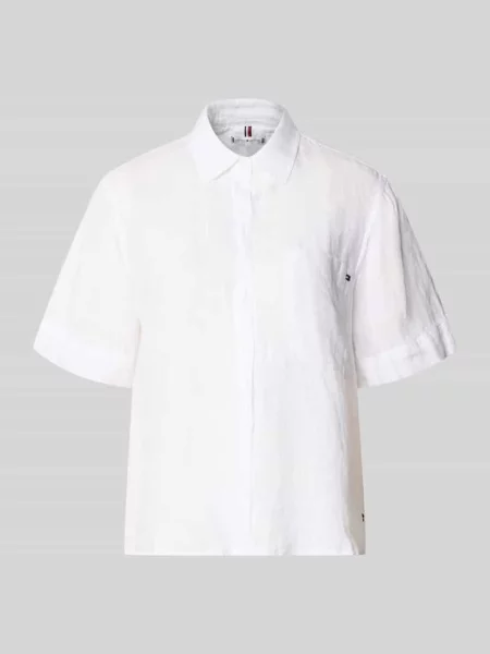 Bluzka lniana o kroju loose fit z brustaszą Tommy Hilfiger biała