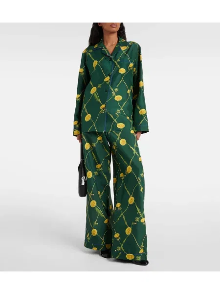 Pantaloni Burberry de mătase cu model floral verde