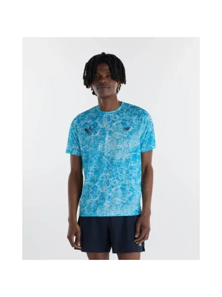 Koszulka z krótkim rękawem damska New Balance Valencia Marathon Printed Athletics niebieski turkusowy S biały