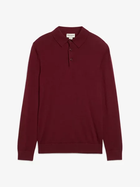Cienki sweter z kołnierzykiem polo z domieszką wysokogatunkowej wełny merino slim fit czerwona