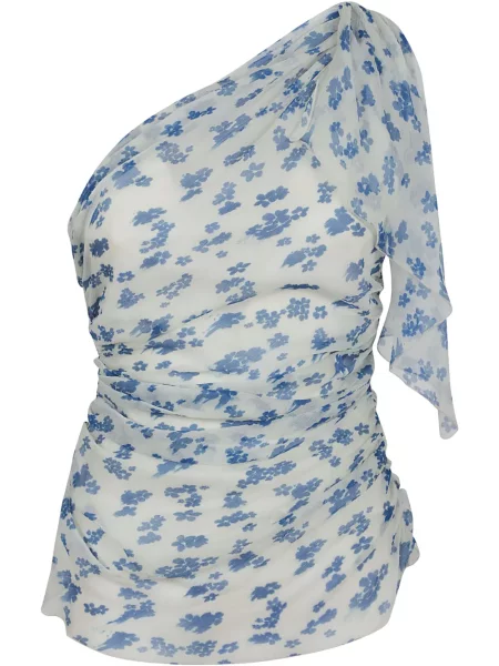 Top Victoria Beckham cu model floral cu imagine cu un umăr gol albastru
