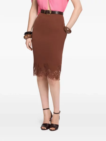 Fustă tip creion Elie Saab din dantelă maro