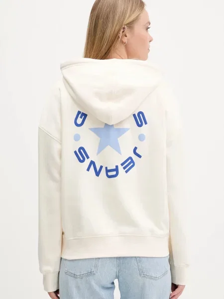 Guess Jeans bluza z kapturem z nadrukiem beżowy