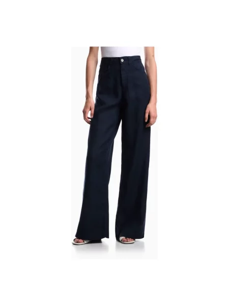 Lniane spodnie Emporio Armani z 5 kieszeniami niebieskie
