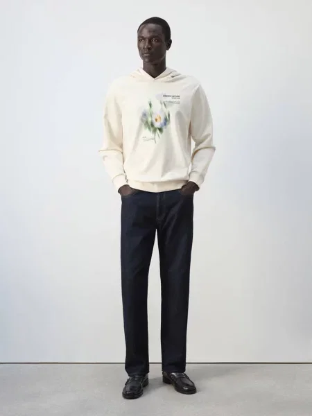 Bluza z bawełny z nadrukiem graficznym na piersi kremowy / écru Mężczyzna S MANGO MAN