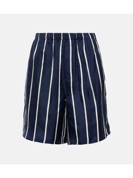 Pantaloni scurți Ami Paris cu talie înaltă de mătase cu dungi albastru