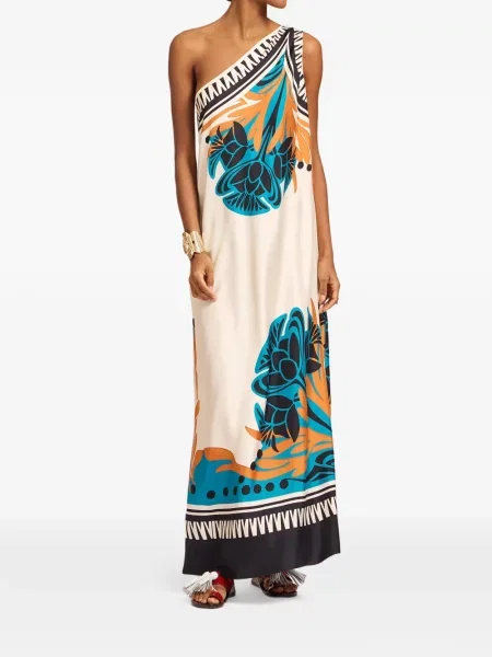Rochie maxi La Doublej cu model floral cu un umăr gol de costum