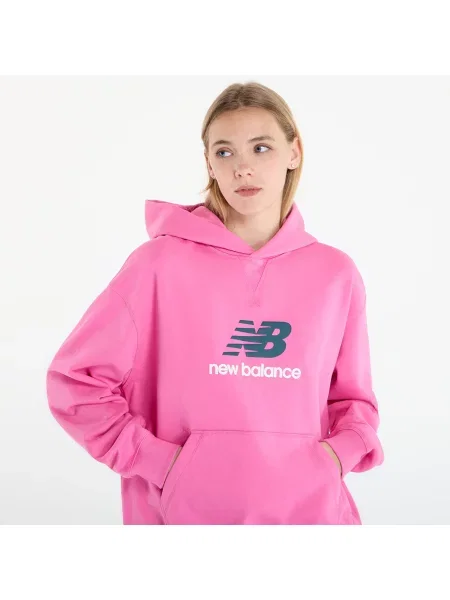 Saténová mikina s kapucňou New Balance s autogramom ružová