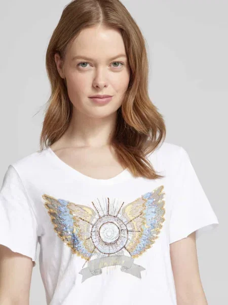 T-shirt z obszyciem z ozdobnych kamieni model ‘GETHI’ Mos Mosh biała